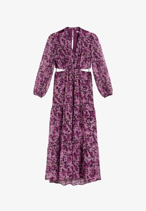 Rochie maxi cu mâneci lungi, model mov și negru, decolteu în V, talie elastică cu decupaje și fustă cu volane, pe fundal alb.