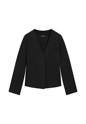Black long-sleeve women's blazer with a V-neck and no visible buttons, laid flat on a white background.