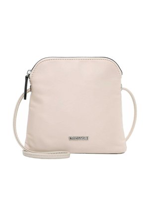 Kleine beige Umhängetasche mit Reißverschluss und dünnem Riemen, mit einer silbernen "EMILY & NOAH" Logo-Plakette auf der Vorderseite.