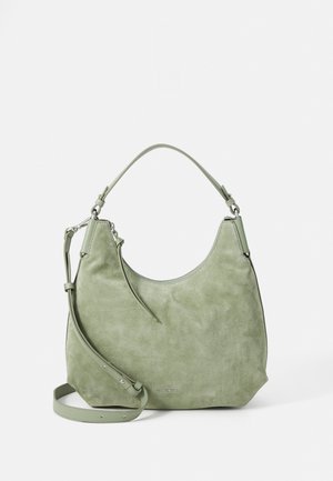 Green suede handbag with a curved shape, single top handle, and detachable shoulder strap. Features a silver-tone logo detail on the front.