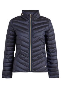 Navy puffer jacket with a high collar, horizontal quilted pattern, front zipper, and gold-tone hardware accents. Soft, smooth texture.