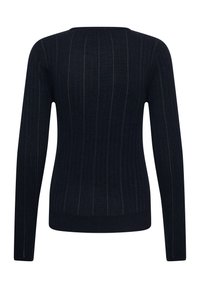 Pull noir à manches longues en maille côtelée avec des motifs verticaux subtils et un col rond, vu de dos.