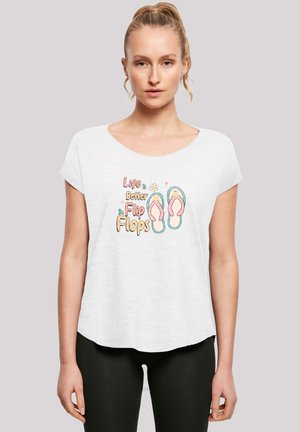 White short-sleeve T-shirt featuring a colorful graphic of flip-flops and the text "Life is Better in Flip Flops." Soft, lightweight fabric.