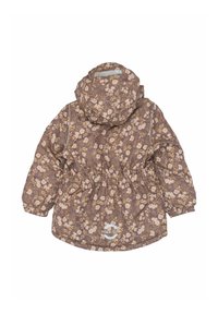 Bruine waterdichte jas met bloemenpatroon, een getailleerde taille, capuchon en elastische manchetten. Voorzien van een logo aan de onderkant vooraan.