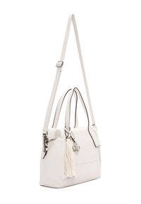 Borsa bianca realizzata in pelle liscia, con tracolla staccabile, doppie maniglie superiori e un dettaglio decorativo con nappina.