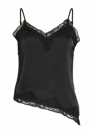 Camisole en satin noir avec bordures en dentelle, bretelles fines réglables et ourlet asymétrique.