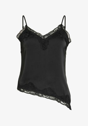Schwarzes Satincamisole mit Spitzensaum, verstellbaren dünnen Trägern und asymmetrischem Saum.