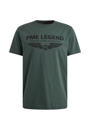 Dark green cotton t-shirt with short sleeves, featuring a large black printed logo "PME LEGEND AMERICAN CLASSIC" and wing graphic details.