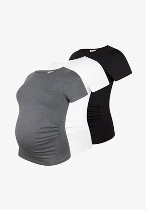 Set mit drei Umstandsshirts in Grau, Weiß und Schwarz. Kurze Ärmel, runder Hals, weicher Baumwollmix, geraffte Seitennaht für eine angenehme Passform.