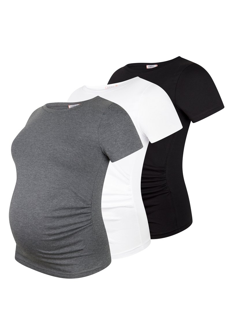 Set van drie zwangerschaps T-shirts in grijs, wit en zwart. Korte mouwen, ronde hals, zachte katoenmix stof, toeg gatherd zijnaden voor een goede pasvorm.