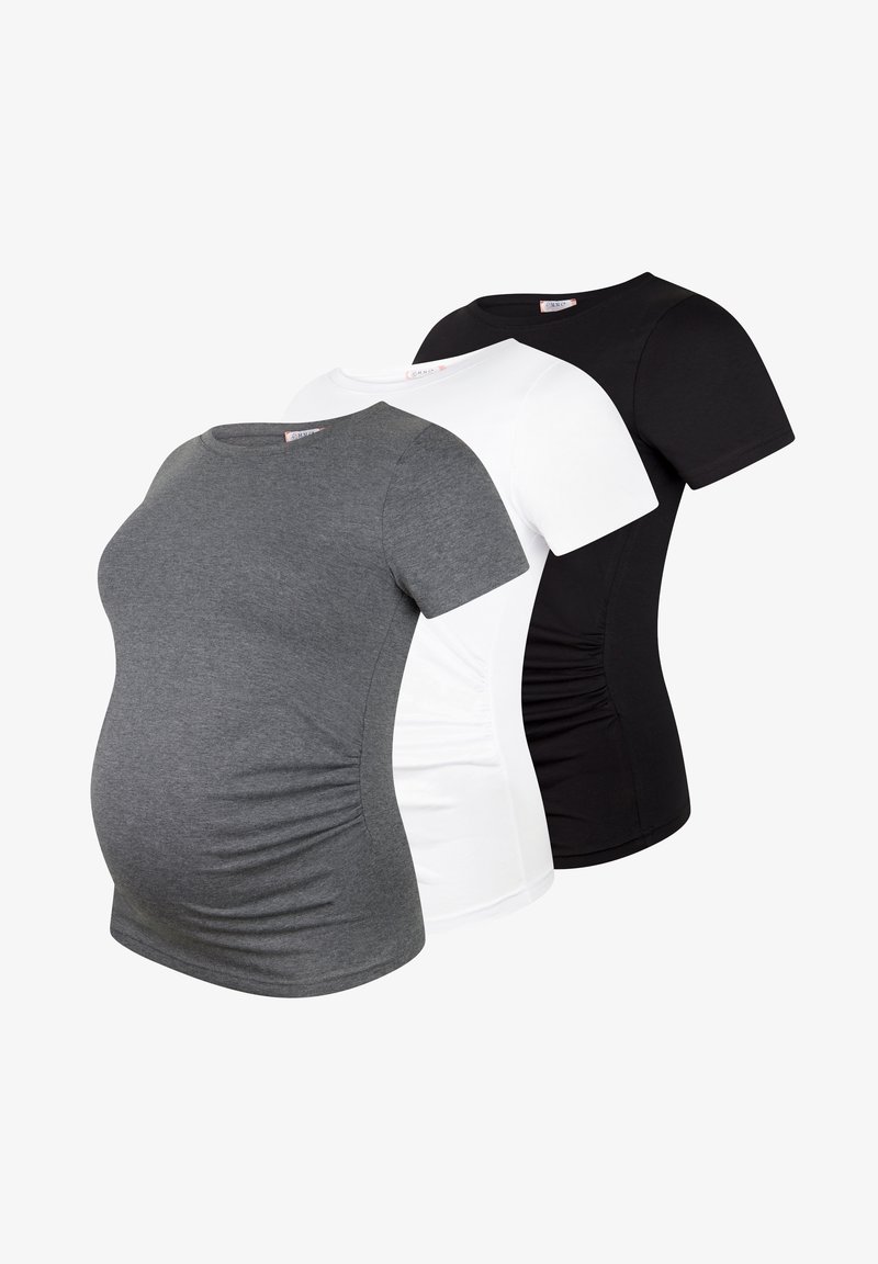 Set van drie zwangerschaps T-shirts in grijs, wit en zwart. Korte mouwen, ronde hals, zachte katoenmix stof, toeg gatherd zijnaden voor een goede pasvorm.
