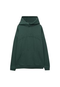 Sweat à capuche vert foncé avec poche kangourou et texte en relief "NEW YORK CITY" sur la poitrine.