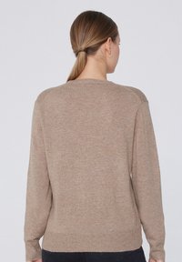 Beige Pullover mit langen Ärmeln, aus einem weichen, strukturierten Material. Mit Rundhalsausschnitt und körpernahem Saum, von hinten betrachtet.