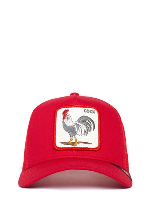 Red baseball cap featuring an embroidered patch of a rooster, outlined in orange, with the word "COCK" above the illustration.