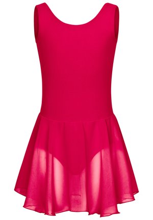 Fuchsia-Kleid mit tailliertem Oberteil und schwingendem, transparentem Rock. Der Stoff ist glatt, und das Design weist einen Rundhalsausschnitt und ärmelloses Styling auf.