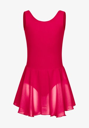 Fuchsia-Kleid mit tailliertem Oberteil und schwingendem, transparentem Rock. Der Stoff ist glatt, und das Design weist einen Rundhalsausschnitt und ärmelloses Styling auf.