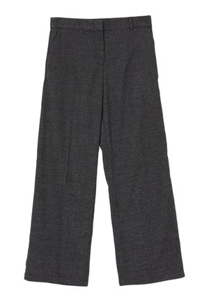 Pantaloni grigi con gamba larga realizzati in materiale testurizzato con un sottile motivo a spina di pesce; presentano due tasche frontali e una vita classica.