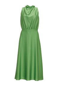 Satingrünes Kleid mit Cowl-Neck, elastischem Bund und fließender A-Linien-Silhouette, ausgestattet mit einer glatten Textur und knielangen Design.
