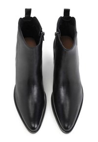 Black leather ankle boots with pointed toes, zip closures on sides, and pulls at the back. Smooth texture and minimalistic design.