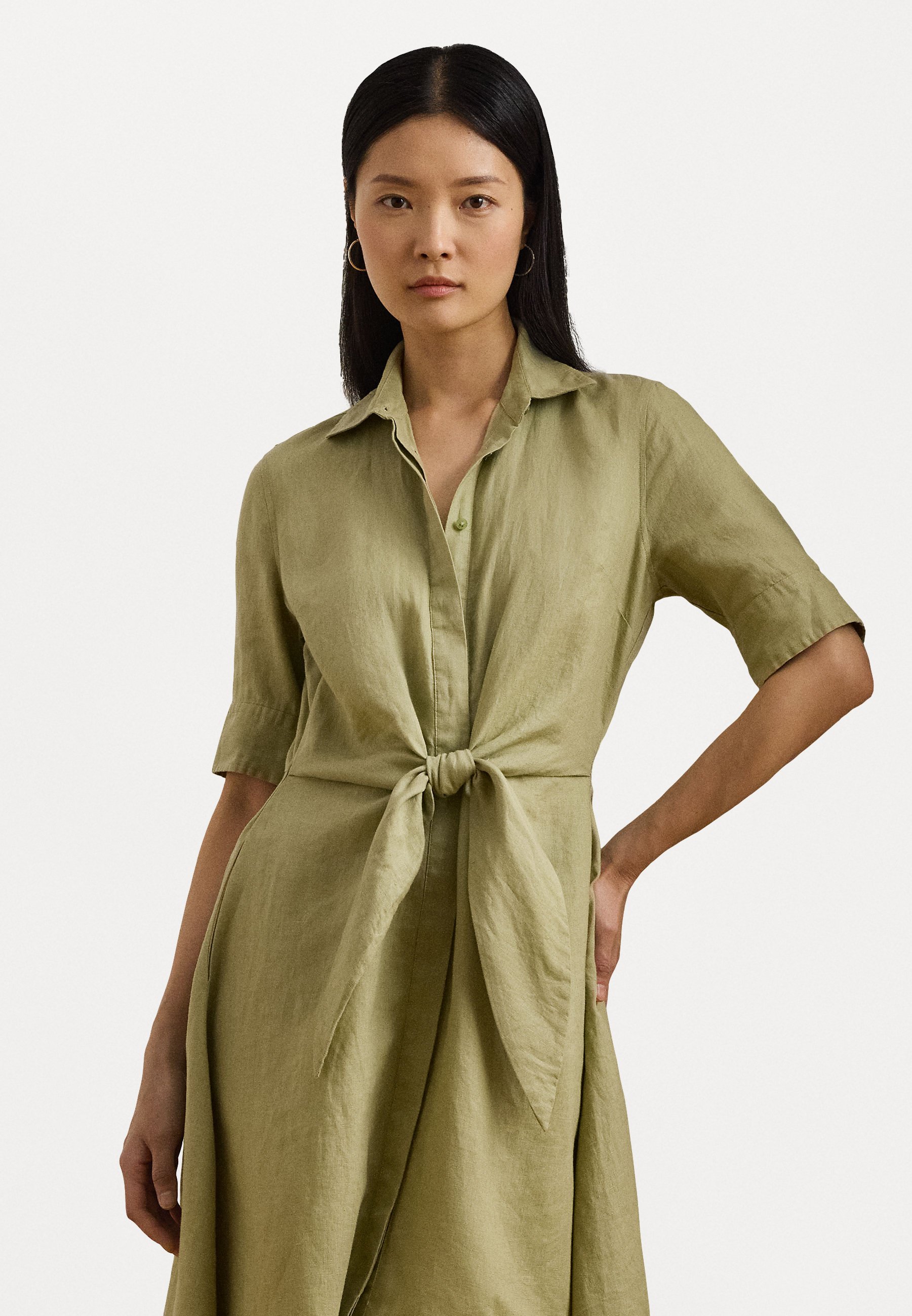 green emerald velvet dress Essential Olive Long Sleeve Linen Shirt Dress – Inherit Co main image 1