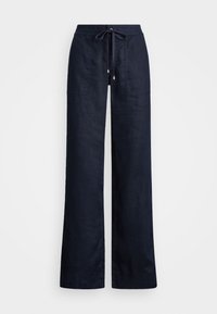 Tmavě modré lněné kalhoty s širokými nohavicemi, elastickým pasem, šňůrkou a dvěma předními kapsami. Hladká textura a neformální design.