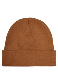 Brązowa dziana czapka beanie z podwiniętym mankietem, o gładkiej fakturze i lekko elastycznym dopasowaniu. Prosty design bez dodatkowych wzorów.