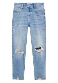 Ljusblå jeans i denim med rivna detaljer vid knäna, slim fit och fem fickor med synliga sömmar.