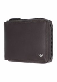 Portefeuille compact en cuir marron foncé avec bords cousus, fermeture éclair et petit logo argenté dans le coin inférieur droit.