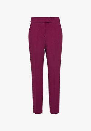 Plum trousers with a tailored fit, featuring a straight leg design, a flat front, and side pockets. Made from a smooth, stretchy fabric.