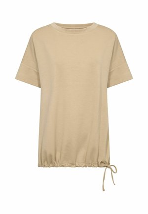 T-shirt beige a maniche corte con scollatura tonda e un elastico arricciato all'orlo, dotato di un dettaglio con nodo laterale per una vestibilità regolabile.