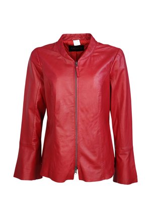 Rote Lederjacke mit Reißverschluss an der Vorderseite, Stehkragen und weit ausgestellten Ärmeln. Glatte Textur mit minimalen Nähten und ohne sichtbare Metallteile.