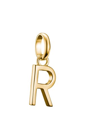Anhänger in Goldoptik mit einem Großbuchstaben "R", versehen mit einer runden Öse und einer glatten, polierten Oberfläche.