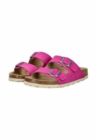 Sandali in suede rosa con due cinturini regolabili e fibbie in argento, plantare imbottito e suola in gomma testurizzata con un leggero tacco.