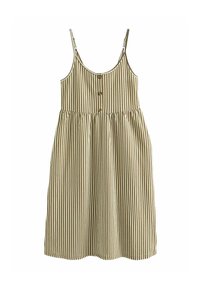 Raidoitu midi-mekko beige- ja ruskeasävyissä, jossa on ohuet hihnat, nappikiinnitys edessä ja elastinen vyötärö rentoa istuvuutta varten.