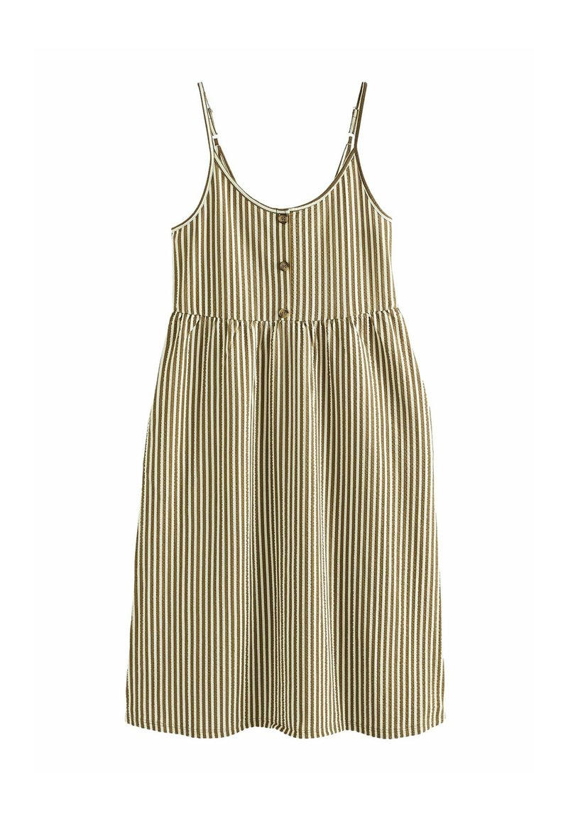 Raidoitu midi-mekko beige- ja ruskeasävyissä, jossa on ohuet hihnat, nappikiinnitys edessä ja elastinen vyötärö rentoa istuvuutta varten.