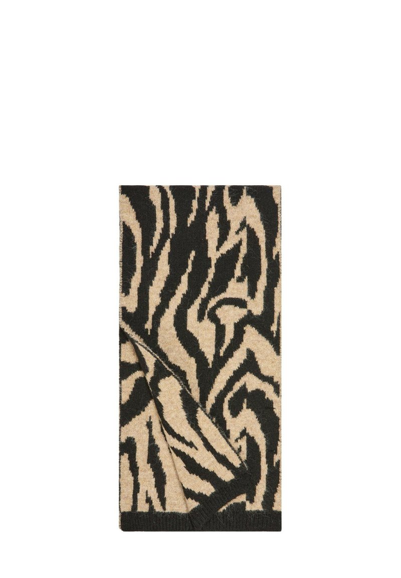 Sciarpa in lana a righe zebrata nera e beige piegata con un angolo sollevato, che mostra un audace motivo animalier.