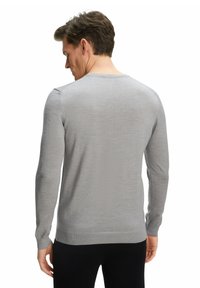 Maglione grigio chiaro a maniche lunghe realizzato in fine maglia. Presenta un collo a giro e polsini a costine, visto da dietro. Design minimalista.