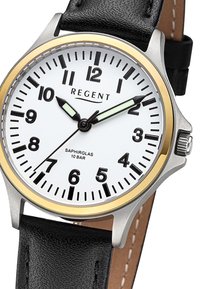 Montre en acier inoxydable argenté avec une lunette en or, un cadran blanc, des index noirs et des aiguilles luminescentes. Bracelet en cuir noir avec couture.