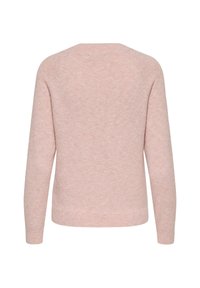 Maglione rosa chiaro con una texture morbida, polsini e orlo a coste, e una scollatura rotonda. Presenta un design semplice e privo di decorazioni.