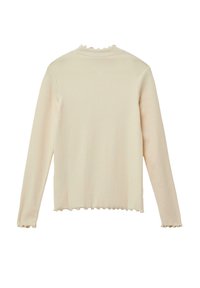 Langärmliges geripptes Oberteil in Beige mit einem gewellten Ausschnitt und Saum, ausgestattet mit strukturierter Stoffqualität und taillierter Passform.