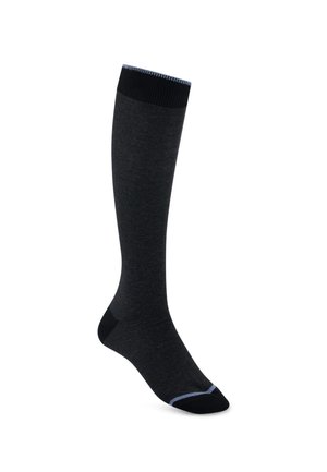Une chaussette haute gris foncé unique avec bord-côte, talon et pointe noirs, et une fine rayure bleu clair près de la pointe sur fond blanc.