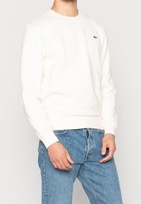 Světlý krémový svetr s kulatým výstřihem, žebrovanými manžetami a lemem, s malým zeleným logem na hrudi, doplněný modrými džínami.