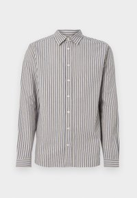 Raidallinen paita kevyestä kankaasta. Siinä on kapeat siniset raidoitukset vaaleanbeigeillä taustoilla, pitkät hihat ja klassinen kaulus nappikiinnityksellä.