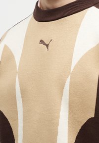 Gros plan d'un pull beige, marron et blanc à motifs avec un petit logo Puma brodé près de l'encolure.
