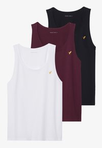 Tre canottiere: bianca, borgogna e nera. Realizzate in morbido cotone, con scollo a barca e un piccolo logo dorato sul petto.