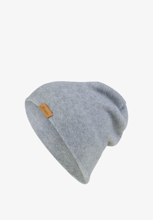 Gray felt beanie with a soft texture, featuring a small tan leather tag. The design is slouchy with an elongated shape.