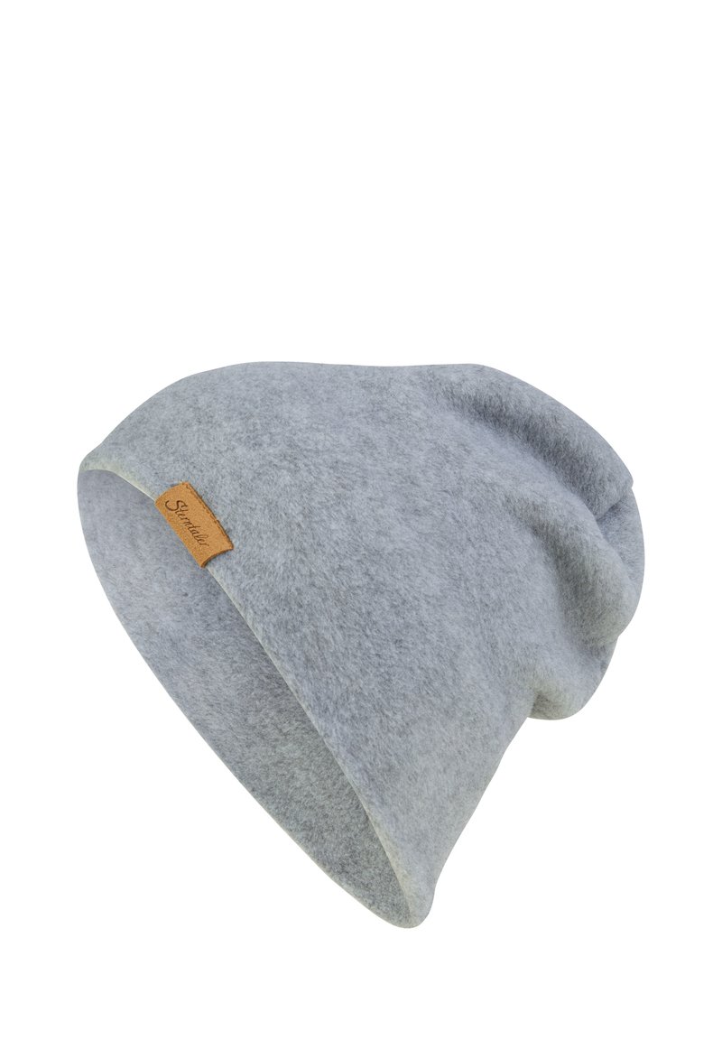 Gray felt beanie with a soft texture, featuring a small tan leather tag. The design is slouchy with an elongated shape.