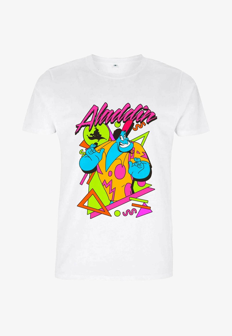 Biala bawełniana koszulka z kolorową grafiką przedstawiającą postać trzymającą świecącą orb, otoczoną neonowymi kształtami i akcentami geometrycznymi.