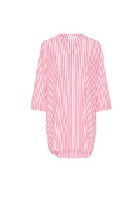 Rosa och vit randig tunika med V-hals och trekvartsärmar, med en avslappnad passform och rundad nederkant. Lättviktsmaterial.