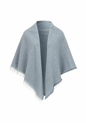 Lyseblåt uldtørklæde med frynser på kanterne, draperet for at vise åben front og blød tekstur mod hvid baggrund.